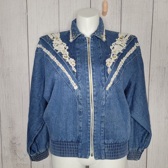 Vintage Floral Embroidered Blue Denim Rodeo Western Rodeo Jacket Womens Size S - Picture 1 of 12